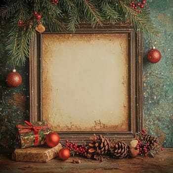 A beautifully crafted postcard frame sits on a rustic wooden table decorated for Christmas. Pine branches, ornaments, and wrapped gifts create a warm holiday atmosphere, inviting seasonal messages.