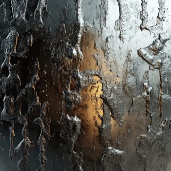 Shimmering metallic surface showcases an abstract texture, featuring a blend of dark tones and reflective highlights. The warm glow hints at nearby light sources during the late evening.