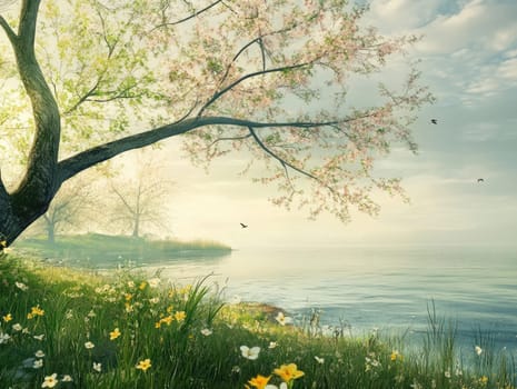 A peaceful lakeside scene showcases a large tree with delicate blossoms, vibrant flowers lining the shore, and calm waters reflecting a soft morning light.