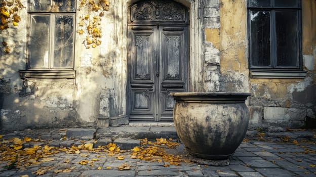 An old building features rustic wooden doors and cracked walls, complemented by a large pot and scattered autumn leaves. The setting evokes a sense of forgotten history and charm.