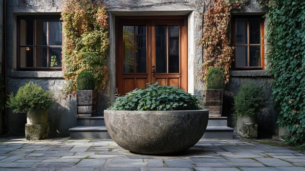 A tranquil courtyard features a large round stone planter filled with vibrant greenery, surrounded by textured walls, wooden doors, and lush vines. A perfect spot for relaxation.