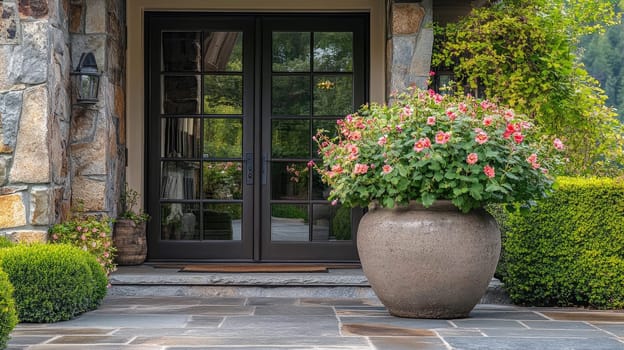 Colorful green flowers thrive in a large, textured pot at the entrance of a cozy stone home. Lush greenery frames the door, creating a welcoming atmosphere.