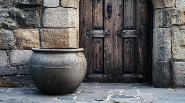 An ornate pot sits on cobblestones in front of a sturdy wooden door built from stone. The detailed carvings of the pot contrast with the rough texture of the door and surrounding stones.