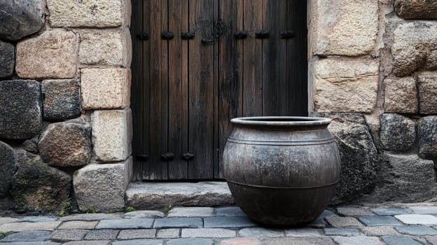 A clay pot is positioned next to a weathered wooden door, surrounded by an old stone wall. The cobblestone ground adds texture to the historic atmosphere of the location.