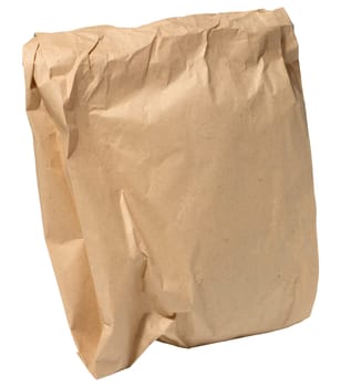 A closed and somewhat crumpled brown paper bag, isolated background