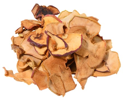 A heap of thin, crispy dried apple slices with varying shades of brown and some reddish peel, isolated background