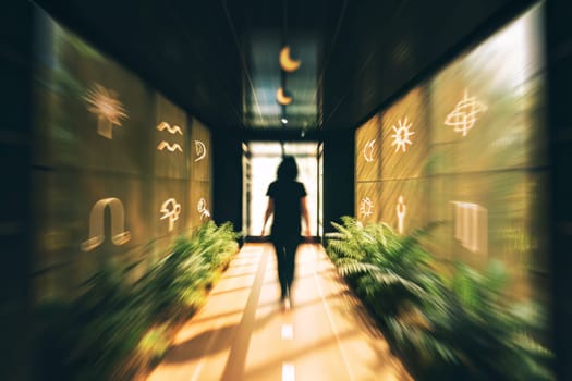 Green corridor of eclipse in astrology. Horoscope signs. A woman's figure disappearing into the distance