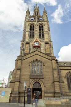 Newcastle, UK - Apr 13, 2025 - Architecture exterior of Newcastle Cathedral (Cathedral Church of St.Nicholas). Roman Catholic Cathedral in Newcastle upon Tyne, use it as your Wallpaper, Poster and Copy space, Selective focus.