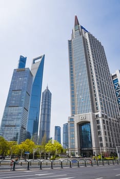 Shanghai, China - 1 April 2025: The Shanghai World Financial Center (SWFC) stands tall among Pudong’s skyscrapers, its distinctive trapezoid aperture piercing the clear daylight sky.