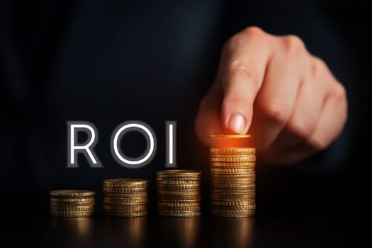 ROI ,Financial growth represented by rising stacks of gold coins in a modern urban cityscape, emphasizing profitability and investment metrics..