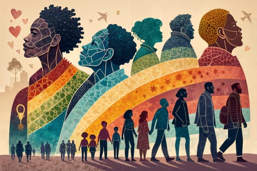 Groups of diverse individuals walk together in a lively urban setting, showcasing unity amidst a backdrop of colorful patterns and cultural symbols. living together concept - Generative AI.