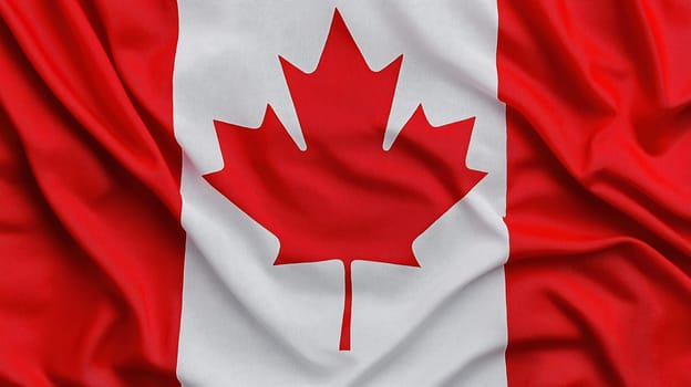 Detailed view of the Canada flag with a bold red maple leaf on white and red fabric, symbolizing national pride and unity. Ideal for political, cultural, and patriotic designs, Canadian-themed visual