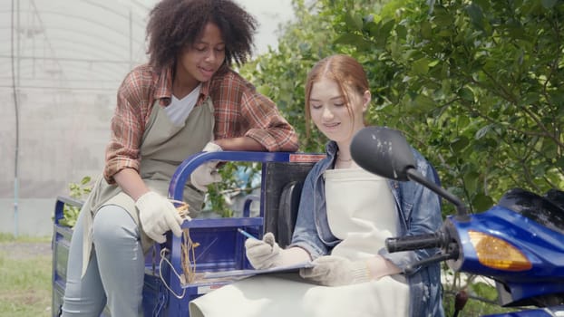 Happy children girl farmer sitting on tricycle in hydroponics farm talking together with worker to take notes on clipboard, Biotechnology kid with Skylab motorcycle transportation at vegetable farm