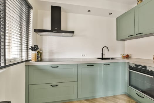 A contemporary kitchen scene featuring mint green cabinets, sleek appliances, and natural light streaming through the window, creating a spacious atmosphere.
