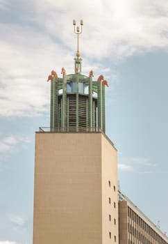 Newcastle, UK - Apr 14, 2025 - Architecture Exterior of The carillon or Bell tower with 12 large and 8 small seahorses at The Newcastle Civic Centre of Newcastle Upon Tyne. use it as your Wallpaper, Poster and Space for text, Selective focus.
