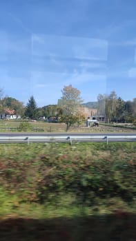 Trees road building windows reflection green nature summer autumn blue sky landscape background road . High quality photo