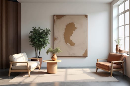 A cozy living area features stylish chairs and a round table, adorned with plants and a large abstract art piece on the wall. Generative AI.