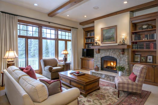 Comfortable seating surrounds a stone fireplace in a stylish living room with expansive windows showing a peaceful forest view at dusk. Generative AI.