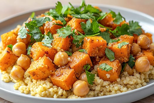 A Middle Eastern salad with roasted sweet potatoes, chickpeas, and fluffy couscous topped with fresh coriander. A nutritious and colorful healthy option.