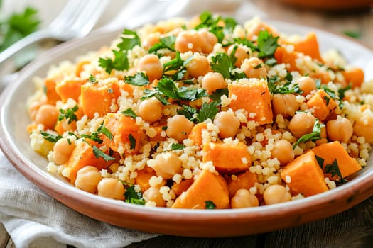 A Middle Eastern salad with roasted sweet potatoes, chickpeas, and fluffy couscous topped with fresh coriander. A nutritious and colorful healthy option.
