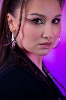 A captivating portrait showcasing an incredibly stylish woman with bold, striking makeup and a powerful expression