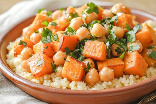 A Middle Eastern salad with roasted sweet potatoes, chickpeas, and fluffy couscous topped with fresh coriander. A nutritious and colorful healthy option.