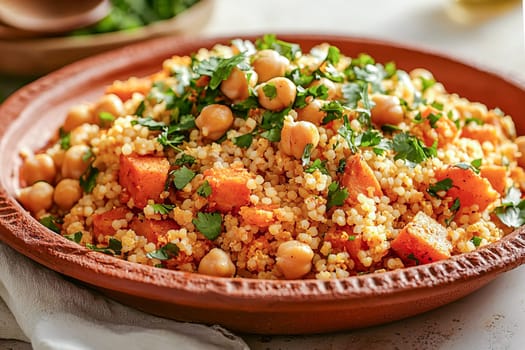 A Middle Eastern salad with roasted sweet potatoes, chickpeas, and fluffy couscous topped with fresh coriander. A nutritious and colorful healthy option.