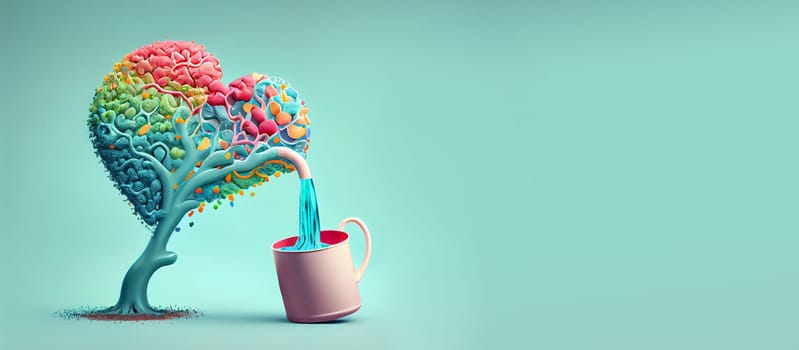 Human brain tree in heart shape pouring water into a cup, mental health concept, love and emotion, positive attitude, creative thinking, generative AI