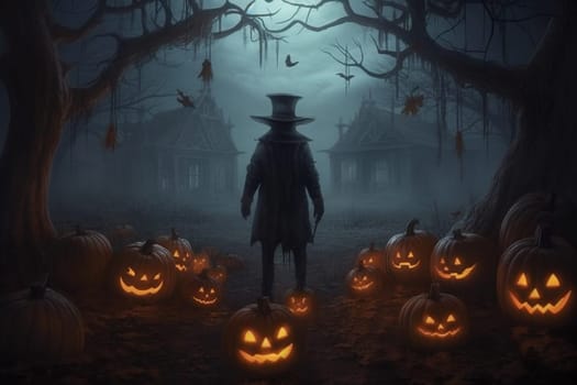 Ghost with pumkins in a mysterious , dark and scary night in autumn, Halloween holiday greeting card, generative AI