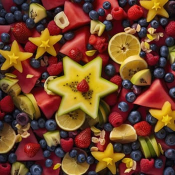 Fruit salad with watermelon, blueberries, strawberries, kiwi, and lemon