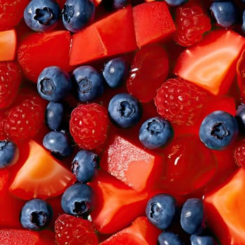 Fresh blueberries, strawberries, and raspberries as a background