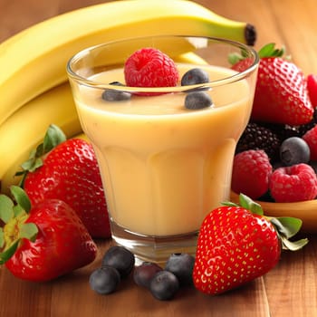 Banana smoothie with fresh berries in glass on wooden table