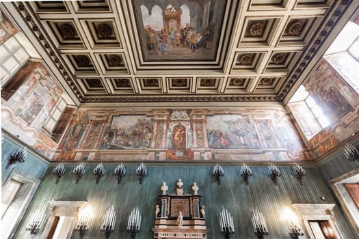 Turin, Italy -Royal Palace Entrance. Classic hall, luxury marble, room perspective