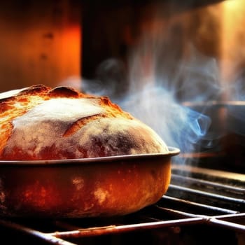 Closeup of a freshly baked loaf of bread in the oven