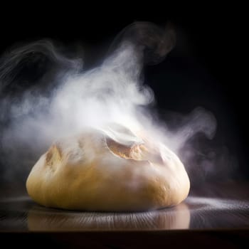 Freshly baked bread on a wooden cutting board with smoke on a black background