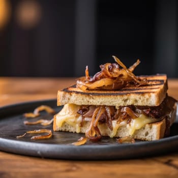 Sandwich with bacon and cheese on wooden table, selective focus