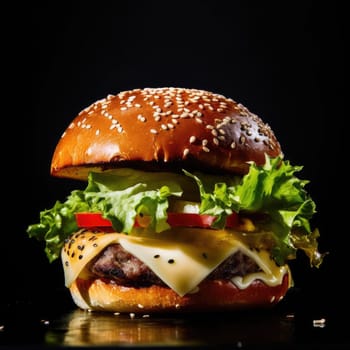 Big hamburger with cheese and vegetables on a black background