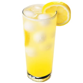 Glass of lemonade with ice cubes and lemon slice isolated on white background