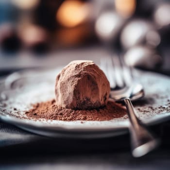 Chocolate truffles with cocoa powder on a plate - selective focus