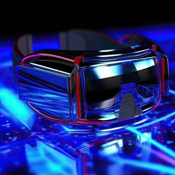 Virtual reality glasses over black background with blue lights - 3D illustration