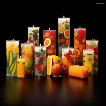 Candles with fruits and vegetables on black background