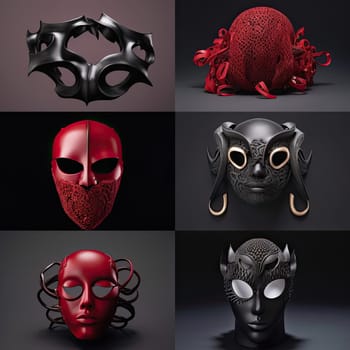 Masks with red ribbons on black background