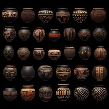 Set of ethnic clay pots on black background