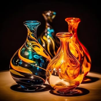 Colorful glass vases on a black background
