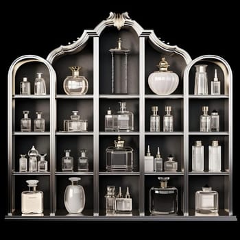 A set of perfume bottles on a black shelf