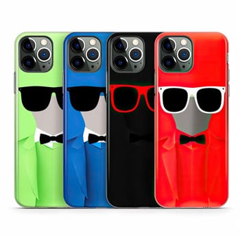 Smartphones with stylistic images of glasses and clothes on a white background