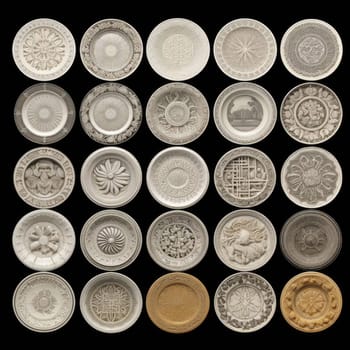 Collection of antique ceramic isolated on black background - top view