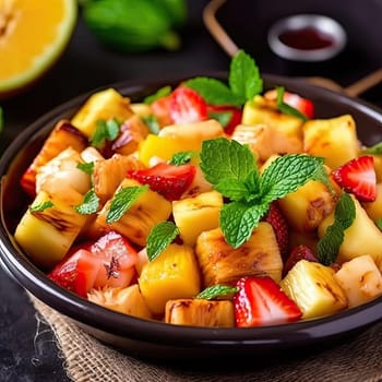 Fruit salad with pineapple, strawberry, and mint