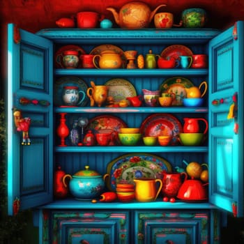 Illustration of a cupboard with a shelf full of ceramic dishes
