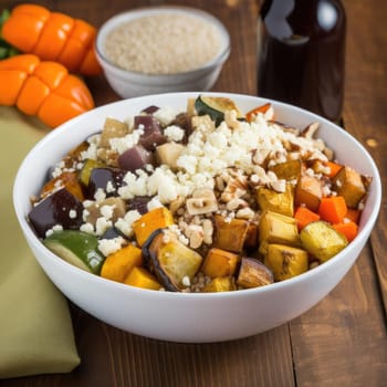 Vegetable porridge with quinoa, eggplant, zucchini, and carrot in a bowl
